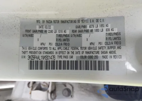 2022 Mazda Mazda3 2.5 S из США, поврежденный, VIN 3MZBPAAL1NM301476